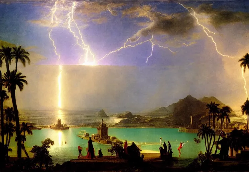 Image similar to Palace floating in the sky, refracted sparkles, thunderstorm, greek pool, beach and palm trees on the background major arcana sky, by paul delaroche, hyperrealistic 4k uhd, award-winning, very very very detailed