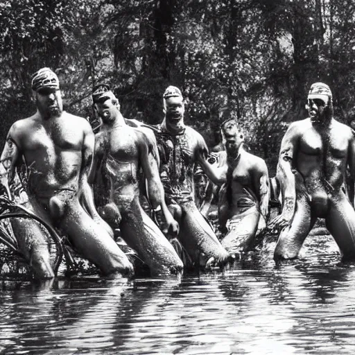 Prompt: Bikers standing in swamp water by Tom of Finland