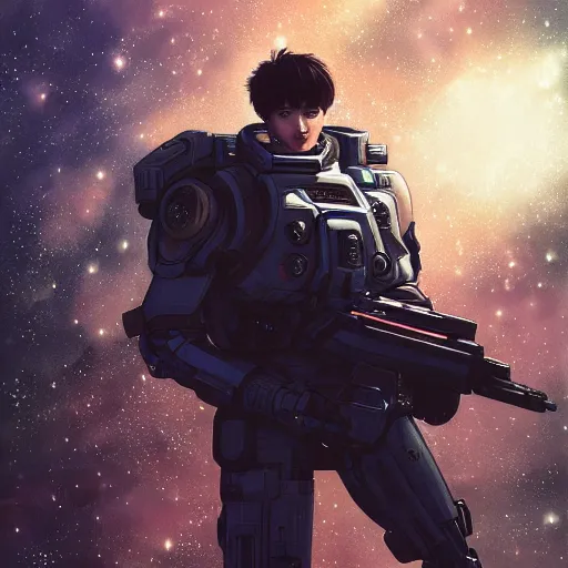 Image similar to award winning, extremely photorealistic, bokeh, beautiful detail, stars in the sky, cybernetic, sci-fi space game art, jeon Jungkook holding a gun. alien planet art by Akihito Yoshitomi AND Yoji Shinkawa AND Greg Rutkowski, Mark Arian trending on artstation