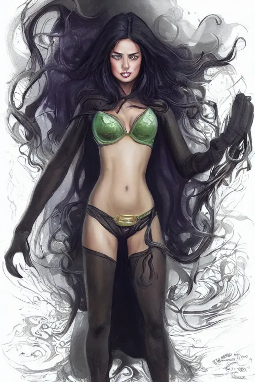 Image similar to frontal standing pose portrait of Sabrina the College Witch, very beautiful young woman, straight hair, push-up underwire. Intricate, concept art, magic lighting overlays, magical portal opened, D&D!, fantasy style, sharp focus!, ultra detailed, art by Artgerm and Peter Andrew Jones, WLUP, Magali Villeneuve