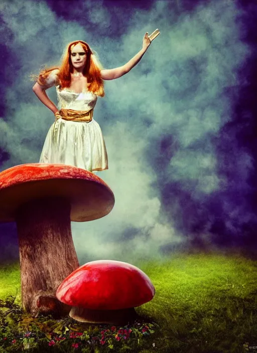 Prompt: annie leibovitz photoshoot of fat marlon brando dressed as alice from alice in wonderland, sitting on a giant mushroom, vibrant colors, atmospheric, mist, magical, fantasy, studio lighting, soft focus