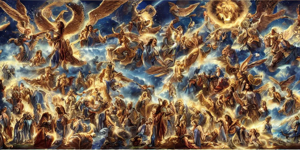 Image similar to the celestial cohort in all its glory, the angels, archangels, cherubims, thrones, dominions, seraphims, holy lighting, epic clouds, heaven, amazing,
