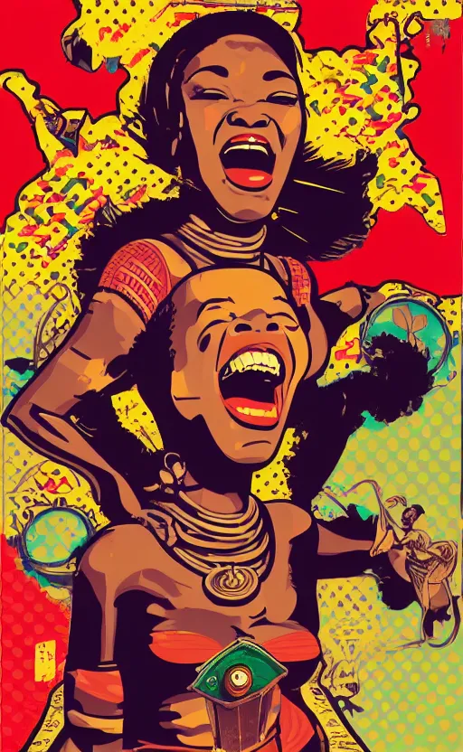 Image similar to mama africa laugh at her child!!! pop art, pixel, bioshock, gta chinatown, artgerm, richard hamilton, mimmo rottela, julian opie, aya takano, hyperdetailed, intricate