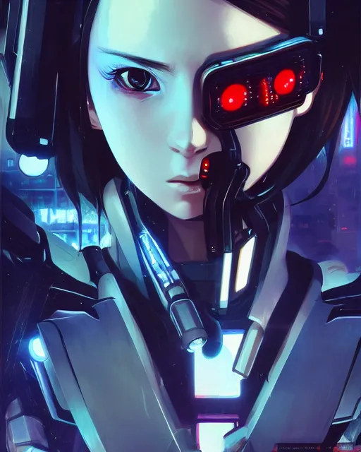 Image similar to a comic potrait of a cyberpunk cyborg girl with big and cute eyes, fine - face, realistic shaded perfect face, fine details. night setting. very anime style. realistic shaded lighting poster by ilya kuvshinov katsuhiro, magali villeneuve, artgerm, jeremy lipkin and michael garmash, rob rey and kentaro miura style, trending on art station