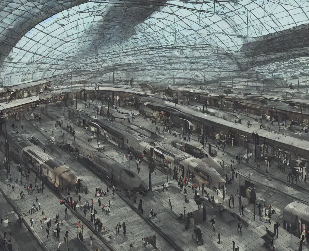 Image similar to french train station, interior, floating trains, floating people, floating objects, cinematic, surreal, octane render, cinematography