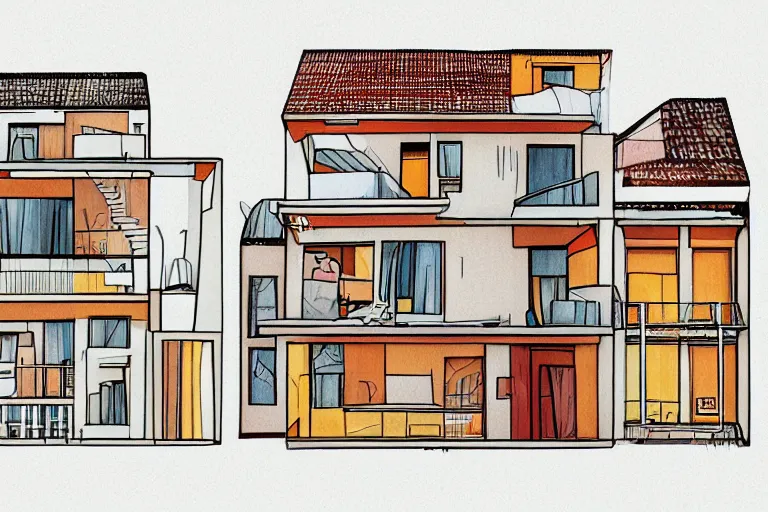 Image similar to a beautiful flat 2 dimensional illustration of a cross section of a house, view from the side, a storybook illustration by muti, colorful, minimalism, featured on dribble, behance hd, dynamic composition