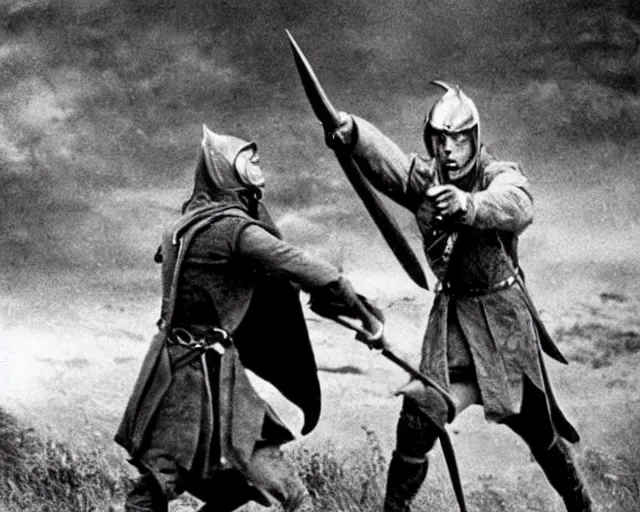 Prompt: vintage photograph of sauron from lord of the rings fighting in ww 1