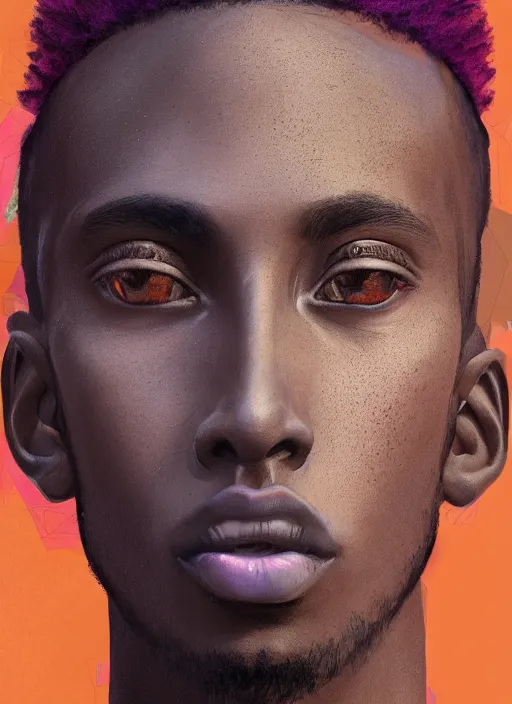 Image similar to closeup portrait of a 2 0 year old somali man, an ultrafine detailed illustration by james jean, intricate linework, bright colors, final fantasy, behance contest winner, vanitas, angular, altermodern, unreal engine 5 highly rendered, global illumination, radiant light, detailed and intricate environment