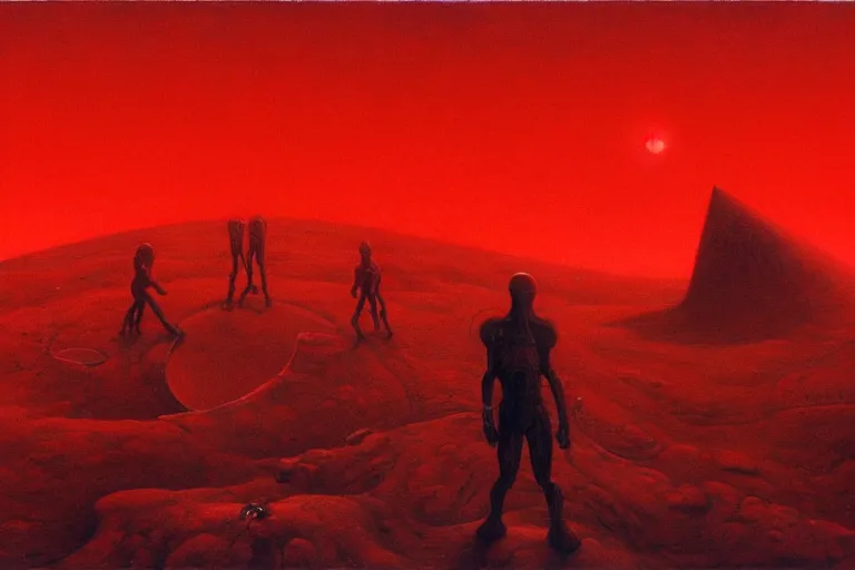 Image similar to only with red, red god of death eat apple, a futuristic city on mars in the background, red worms on the floor, in the style of beksinski, part by hopper, part by rodcenko, part by hofbauer, intricate composition, red by caravaggio, insanely quality, highly detailed, masterpiece, red light, artstation, 8 k