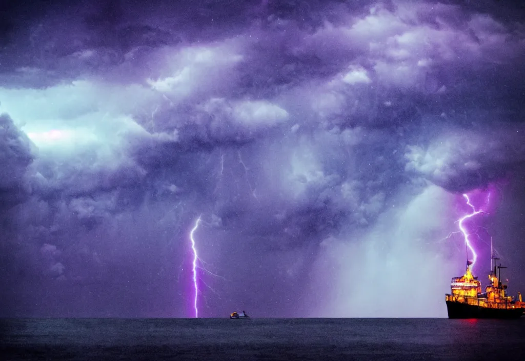 Image similar to purple color lighting storm with stormy sea,pirate ship firing its cannons with a water spout in the background. trippy nebula sky 50mm shot, fear and loathing movie