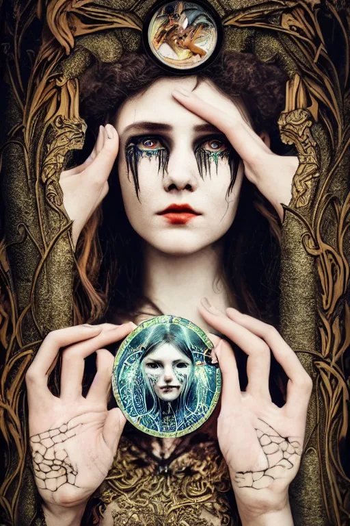 Image similar to Cinestill 50d, 8K, highly detailed, major arcana H.R Giger art nouveau nightmare Agnieszka Lorek tarot star card style 3/4 closeup portrait, eye contact, focus on model, tilt shift background: famous major arcana tarot remake, transformation scene