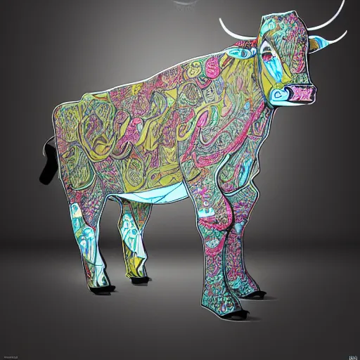 Image similar to a cow made up of milk, an ultrafine detailed illustration by james jean, intricate linework, bright colors, final fantasy, behance contest winner, vanitas, angular, altermodern, unreal engine 5 highly rendered, global illumination, radiant light, detailed and intricate environment