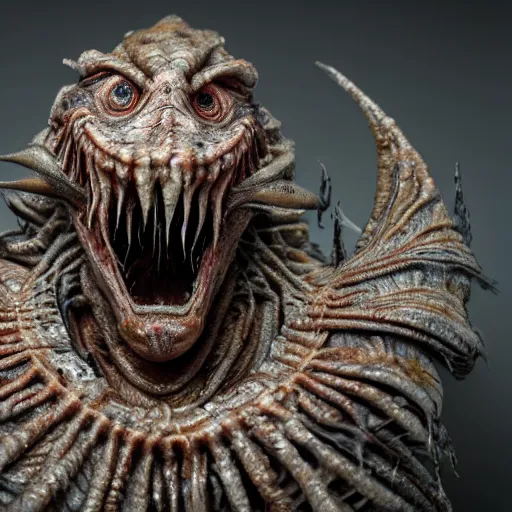 Image similar to photo taken of an epic intricate, ultra detailed, super realistic gritty, terrifying, lifelike sculpture of a nightmarish siren creature design created by weta workshop, zoomed in shots, photorealistic, sharp focus, white wall coloured workshop, cold colour temperture, f 0. 4, face centred