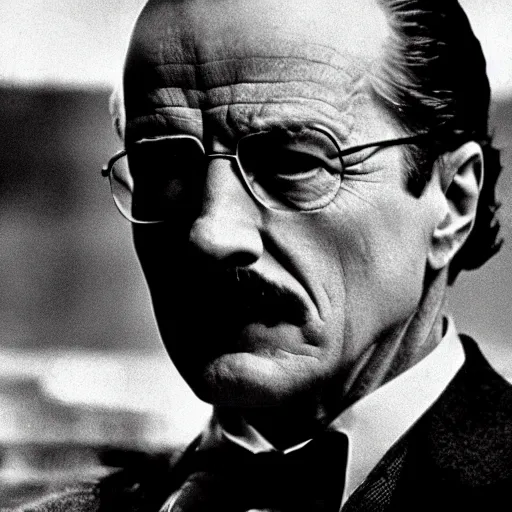 Image similar to Walter White starring as Vito Corleone in the Godfather (1972), Francis Ford Coppola, film, wearing a black suit, earnest gaze, intricate lightning, perfect scene