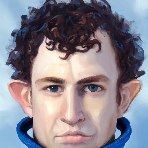 Image similar to close up headshot of a frowning clean shaven pudgy British lad with short curly dark brown hair as a hobbit wearing a white men's crossbody sling chest bag and blue vest, blue vest!! white crossbody chestbag!! high resolution film still, painting by Charlie Bowater