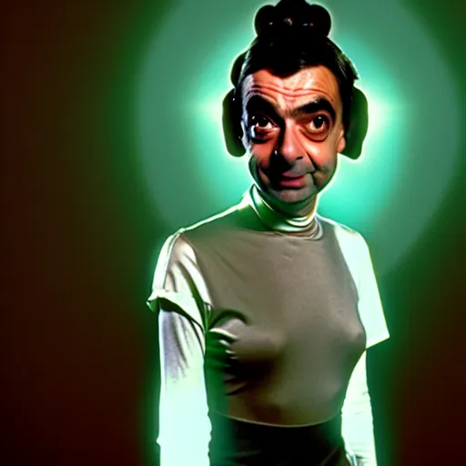 Image similar to mr. bean as princess leia from star wars. movie still. cinematic lighting.