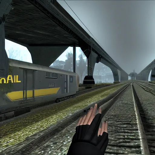 Prompt: half - life g - man ending screenshot, train, space, green