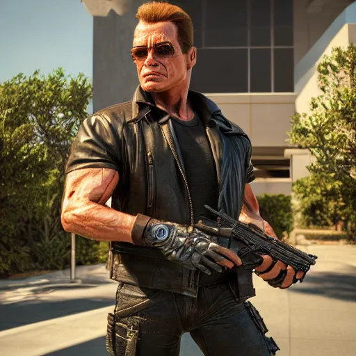 Image similar to the terminator with beautiful flowers in his hands, unreal 5, hyperrealistic, octane render, cosplay, RPG portrait, dynamic lighting