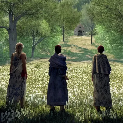 Image similar to a still from the movie midsommar, 2 0 0 3 dark chronicle graphics ps 2 visual aesthetic