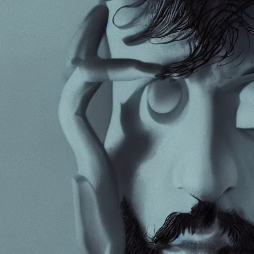Image similar to terence McKenna modeling seductively with psychedelic mushrooms, psychedelic, cinematic lighting, dramatic, octane render, full body, trending on artstation, perfect facial symmetry, bokeh, 8k, hyper detailed