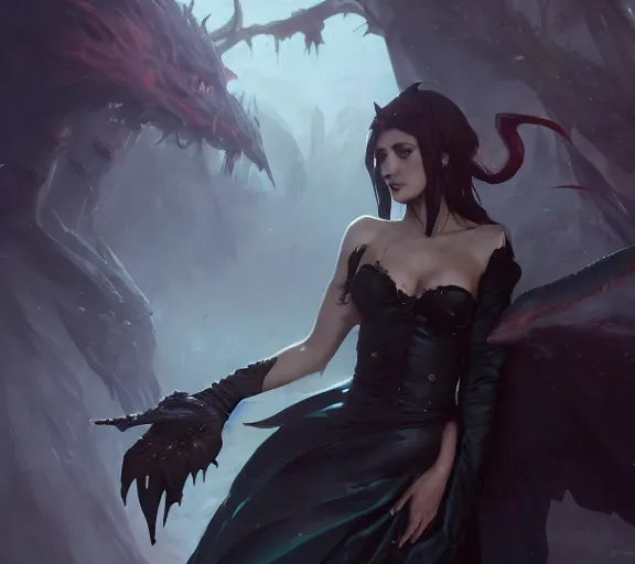 Image similar to morrigan aenslandcasting magic, a charming succubus, strapless dress, fantasy, d & d, by greg rutkowski and raymond swanland, sharp focus, trending on artstation, 8 k realistic digital art, cryengine, symmetric, league of legends splash art, concept art, frostbite 3 engine