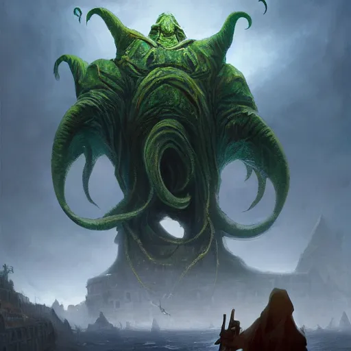 Image similar to gigantic cthulhu, small village for size comparison, dramatic light, painted by stanley lau, painted by greg rutkowski, painted by stanley artgerm, digital art, trending on artstation