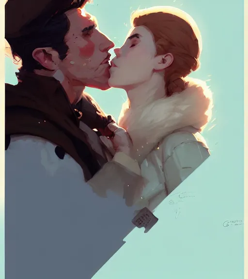 Image similar to portrait of cullen kissing clementina by atey ghailan, by greg rutkowski, by greg tocchini, by james gilleard, by joe fenton, by kaethe butcher, dynamic lighting, gradient light blue, brown, blonde cream and white color scheme, grunge aesthetic