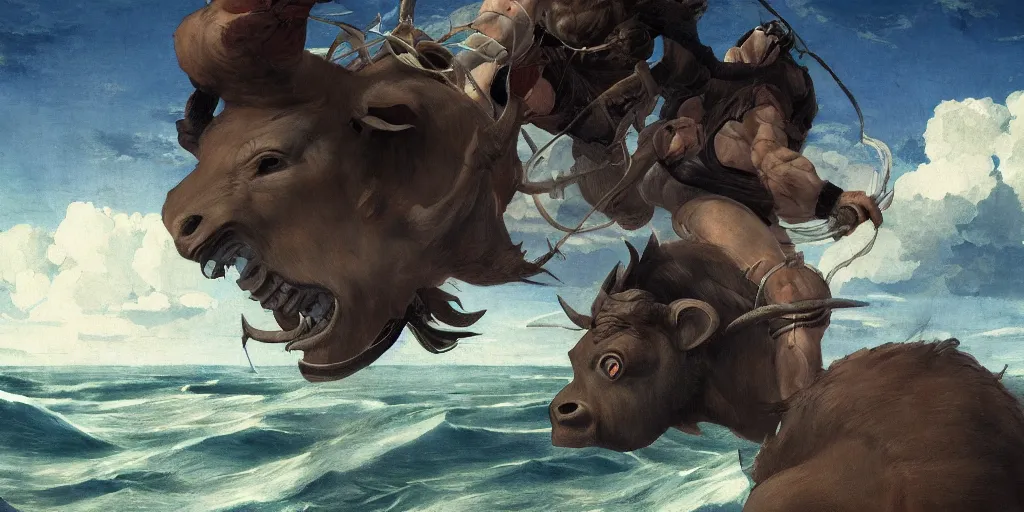 Prompt: Minotaur in Sea, by Caravaggio, studio ghibli, cinematic lighting, intricate, highly detailed, digital painting, trending on artstation, Illustration, epic scale