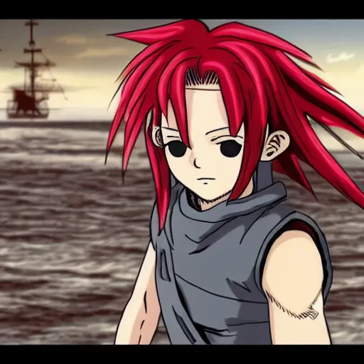 Image similar to sky-pirate with long red hair in front of a sky-ship, vinland saga, anime style