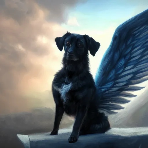 Image similar to an oil painting of a dog with wings, hd, hdr, ue 5, ue 6, unreal engine 5, cinematic 4 k wallpaper, 8 k, ultra detailed, high resolution, artstation, award winning