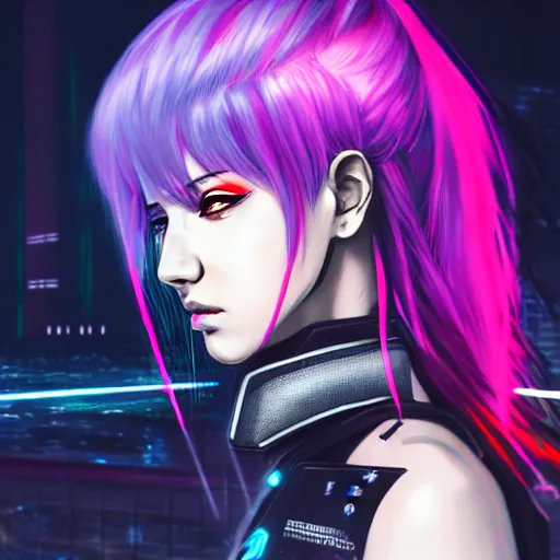Prompt: An epic comic hyperrealistic portrait anime illustration of a cyber warrrior girl wearing futuristic wardrobe, black and reddis, ultradetailed face expression trending on artstation and artbreeder, cyberpunk 2077 color, heavy rainning at tokyo night, neon light rooftop, unreal 5, DAZ, 8k, unreal 5 engine render, cosplay, RPG portrait, final fantasy Vll world concept, dramatic lighting, rim lights, PS5 render quality