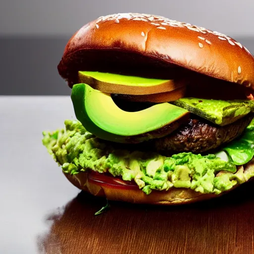 Image similar to a hamburger with 2 kilograms of avocado, 8 k resolution, amazing food photography