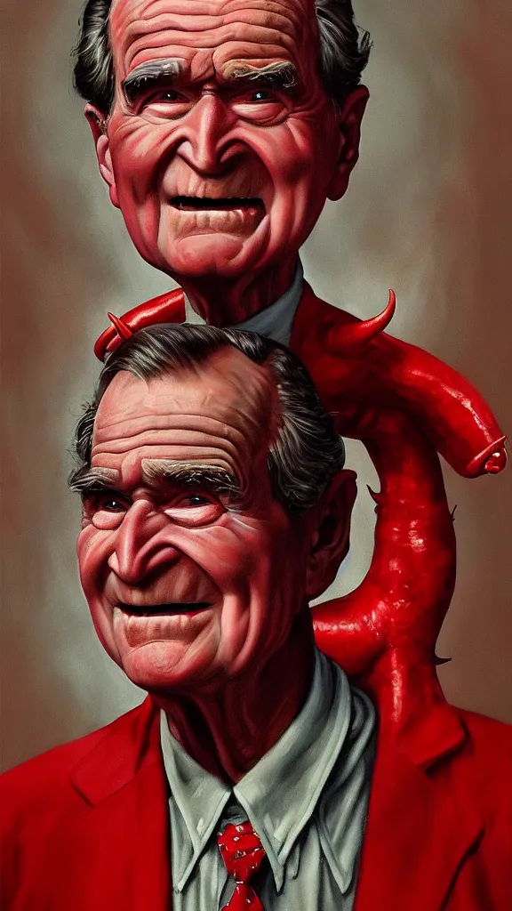 Image similar to demonic george hw bush with red horns, painting in the style of norman rockwell, 1 9 5 0 s, evil, satan, devil, demonic, demon, hyperrealistic, photorealistic, award - winning, 4 k, ultra hd, artstation, intricate, highly detailed, american, usa, dark, gritty