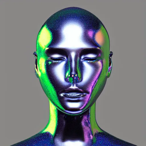 Image similar to 3d render of holographic human robotic head made of glossy iridescent, surrealistic 3d illustration of a human face non-binary, non binary model, 3d model human, cryengine, made of holographic texture, holographic material, holographic rainbow, concept of cyborg and artificial intelligence