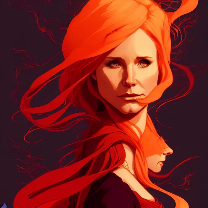 Image similar to style artgerm, joshua middleton, ellen jewett, beautiful kristen bell with dark red dress, very long orange hair, symmetrical face, symmetrical eyes, fire powers fire swirling, detailed, volcano setting, cinematic lighting