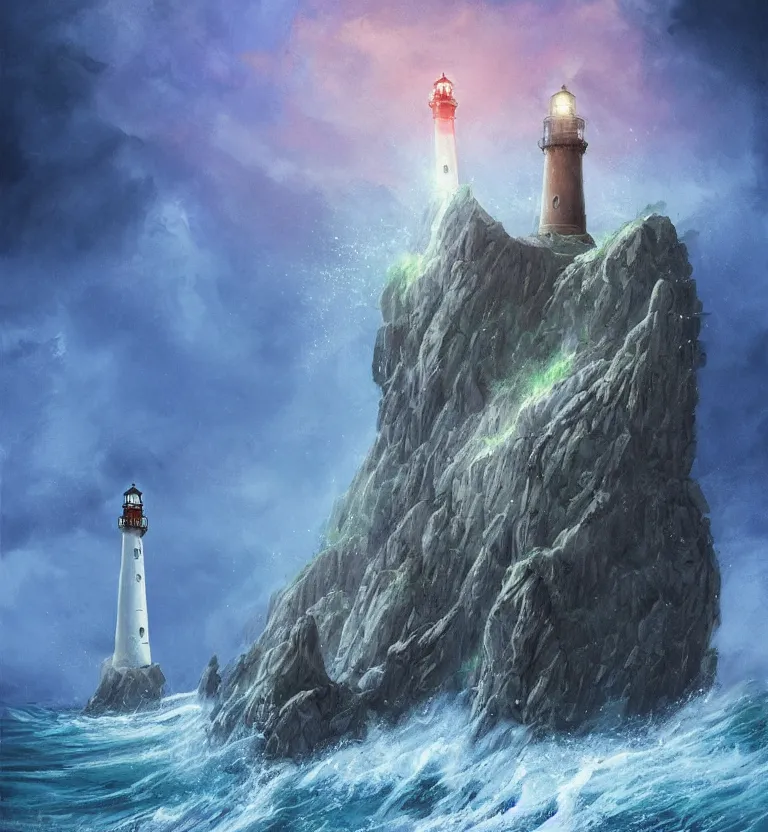 Prompt: medieval fantasy artwork. cliff with an ancient lighthouse on top. the lighthouse is enveloped by a column of blue swirling light. the sea at the bottom of the cliff ( rough sea ).