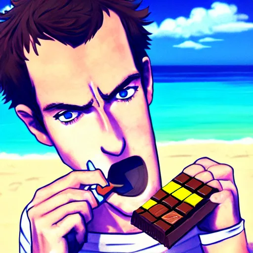 Prompt: andy murray eating chocolate on the beach, sunshine, illustration, style of sword art online, trending on artstation