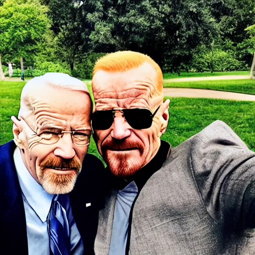 Prompt: walter white and biden in the park, selfie