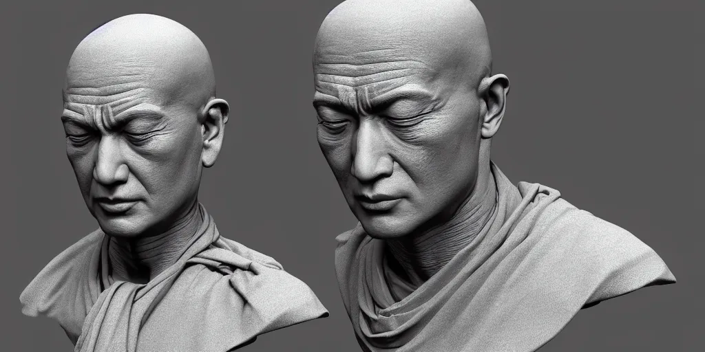 Prompt: hyperrealistic 3 d render of a bust of meditating monk in cyberpunk style, ultra realistic 8 k resolution.