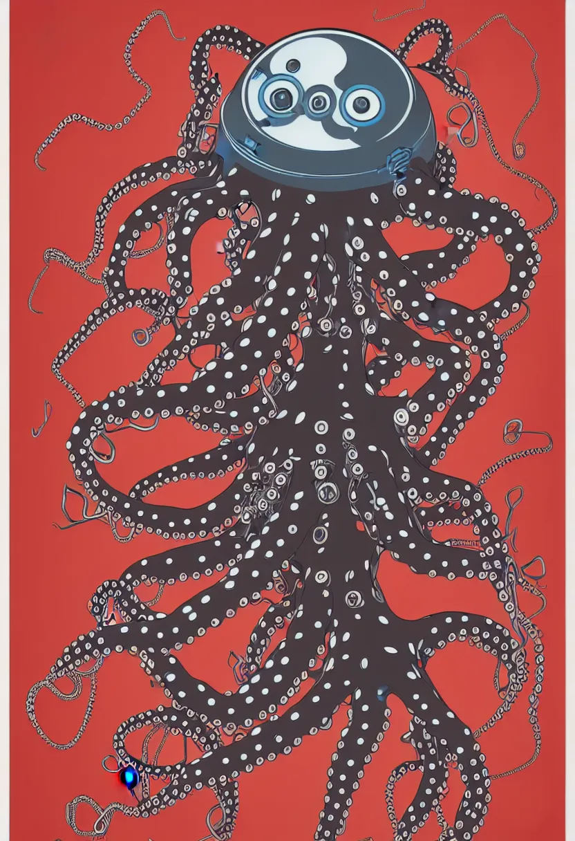 Image similar to concert poster for 'Grandpa Finger', dying robot octopus, vector art, 8k, highly detailed illustration