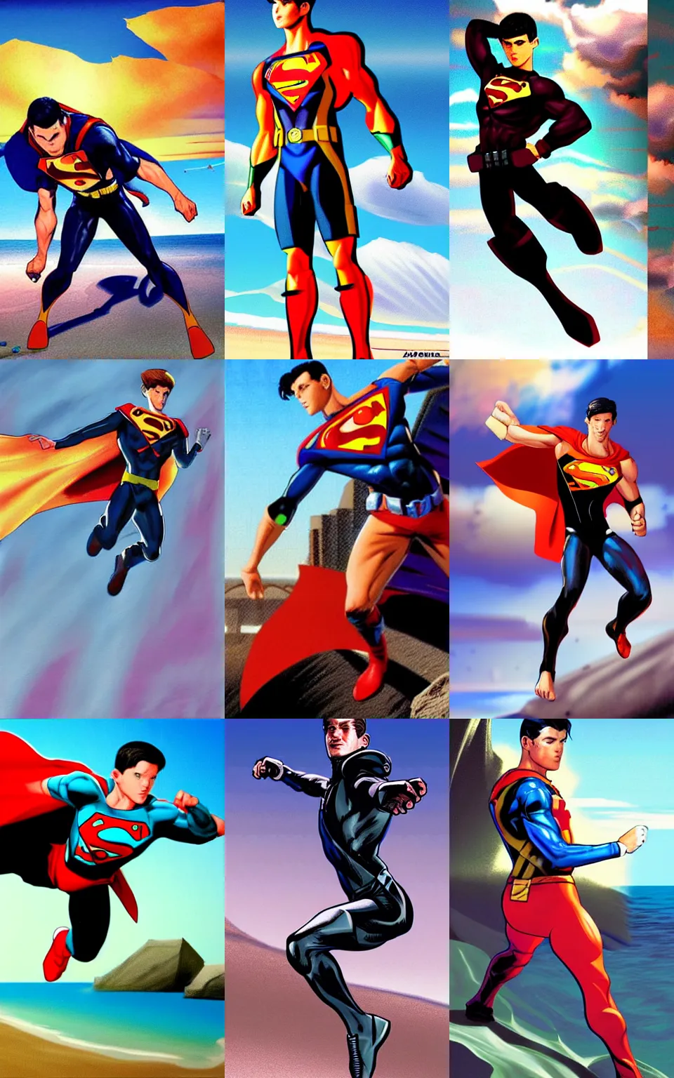 Prompt: 90's superboy flying above a beach, full body shot, style digital painting, concept art, smooth, sharp focus, illustration, from Metal Gear, by Alex Ross