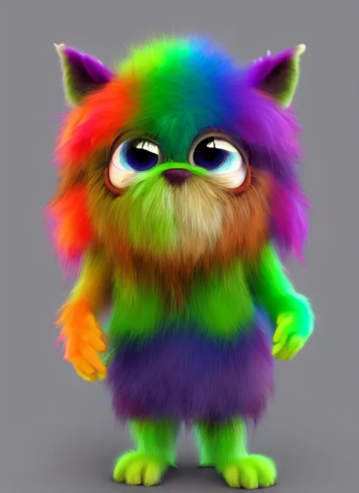 Prompt: full body 3 d model of a vibrant rainbow colored adorable grumpy furry monster with fuzzy horns, a 3 d render by wendy froud, centered, character concept, concept art, dark rainbow colored fur, zbrush, furry art, rendered in maya, colorful, cinema 4 d, behance hd, daz 3 d, cgsociety, matte background