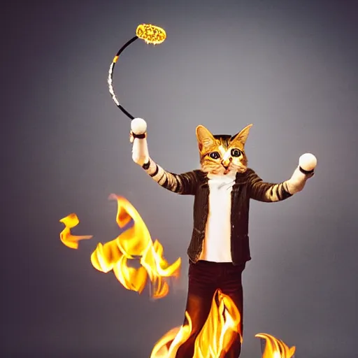 Prompt: professional photograph of a cat juggling fire sticks ona unicycle