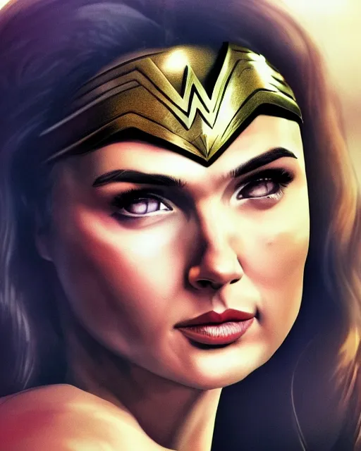 Image similar to wonderwoman portrait hd sharp photo with mix of gal Gadot and Linda Carter in frank Miller Alex Ross style detailed trending Leica Zeiss depth of field