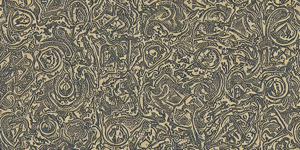 Prompt: scan of old symmetrical patterned wallpaper showing tyrolean folklore masks and cryptic occult alpine symbols and dolomites