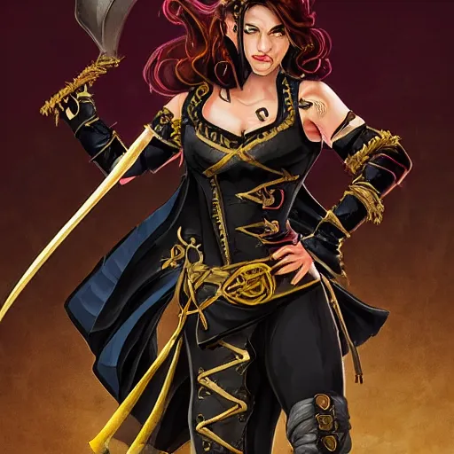 Image similar to level 10 D&D character, D&D character art, female spaniard, light skin, swashbuckler rogue, black with gold accents, organza waves