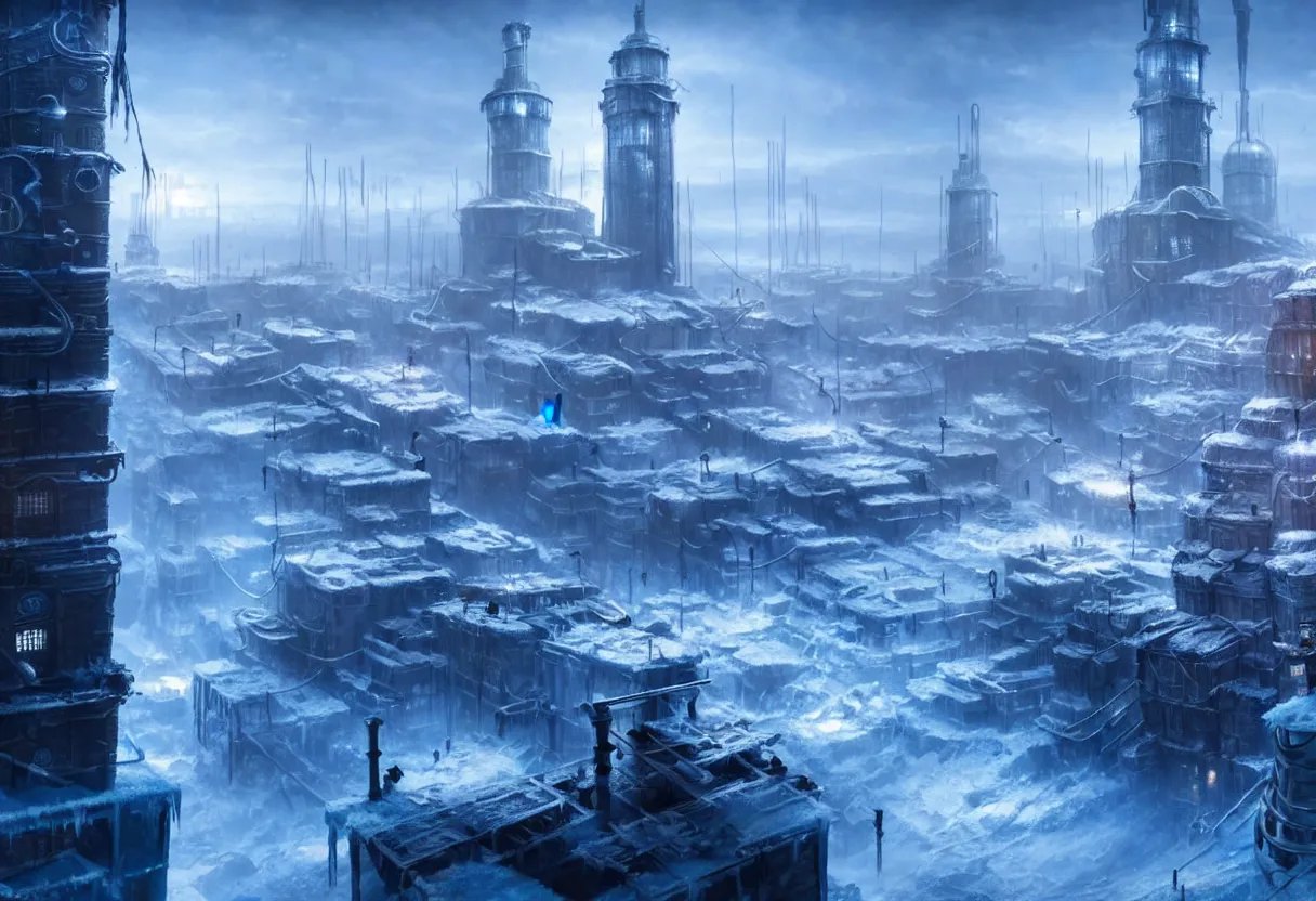 Image similar to frostpunk style concept art of frozen city with industrial machines, matte painting, beautiful render, octane render, concept art