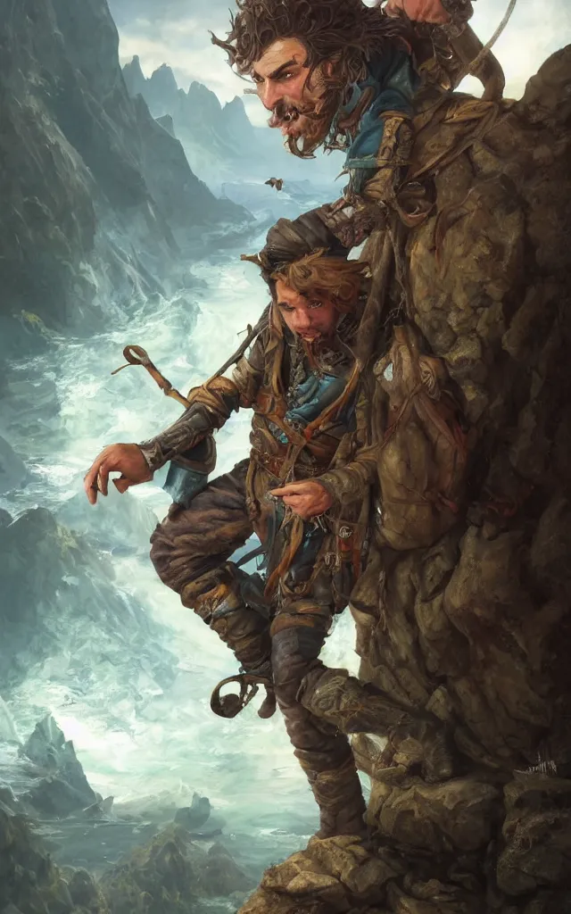 Image similar to an oil art close - up portrait painting of young handsome fool adventurer with adventurer hiking backpack, grim gwent card, gipsy mage adventurer character design from inquisition, climbing up a cliffside, 4 k, ultra detail, volumetric lighting, unreal engine, octane render, by tom bagshaw, andreas rocha, karol bak, artgerm