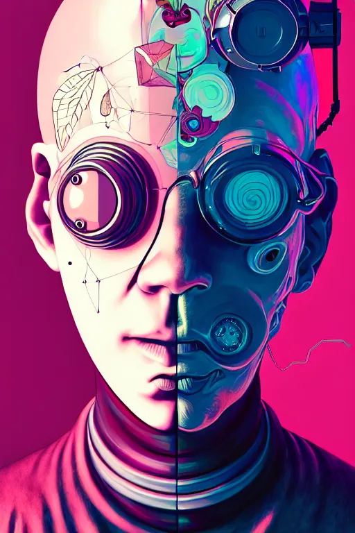 Image similar to abstract portrait, cyberpunk art, floating detailes, very detailed face, leaves by miyazaki, colorful palette illustration, kenneth blom, mental alchemy, james jean, pablo amaringo, naudline pierre, contemporary art, hyper detailed