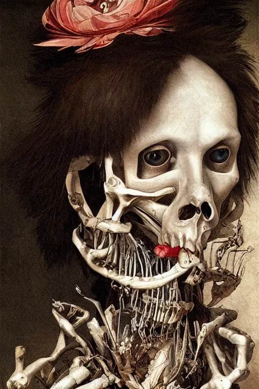 Prompt: Detailed maximalist portrait with large lips and with large wide eyes, sad expression, skeletal, HD mixed media, 3D collage, highly detailed and intricate, surrea, illustration in the style of Caravaggio, dark art, baroque